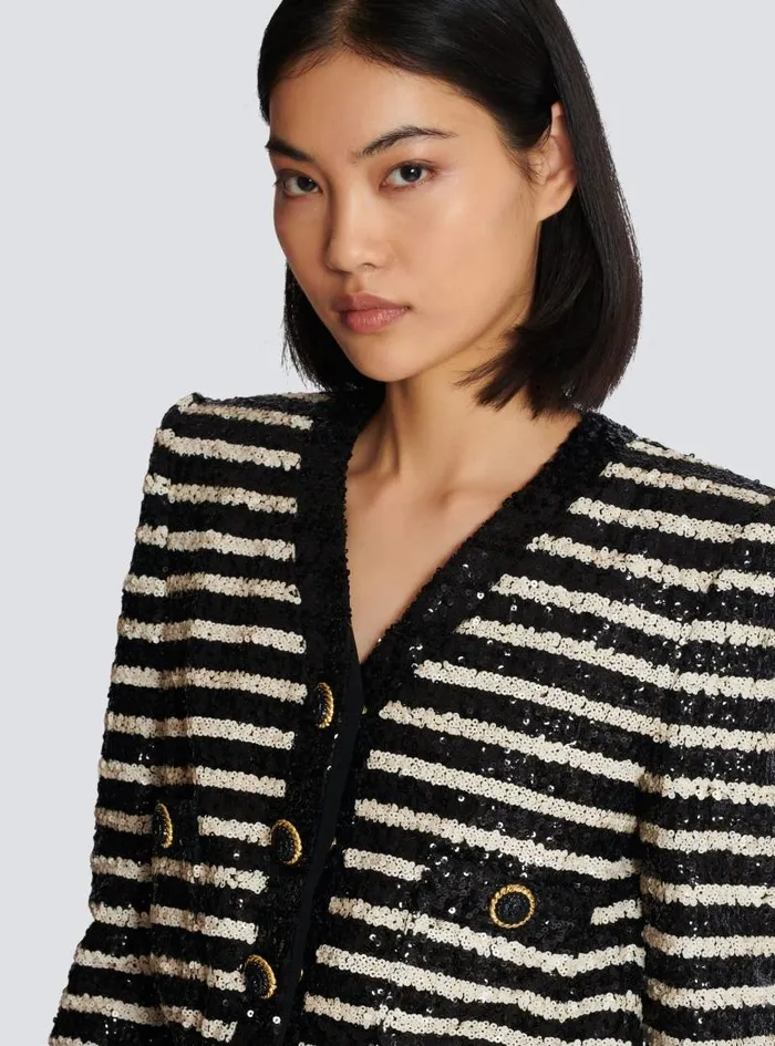 Balmain Jackets And Blazers Women Short Striped Sequin Jacket With 2 Pockets Black