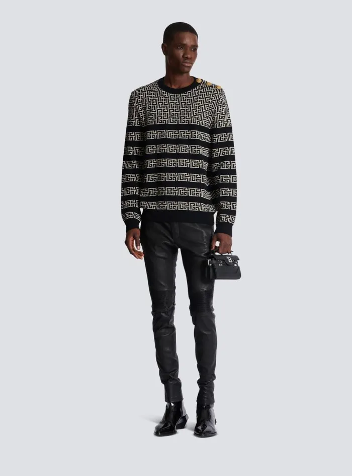 Balmain Knitwear Men Striped PB Labyrinth Wool And Linen Jumper Black