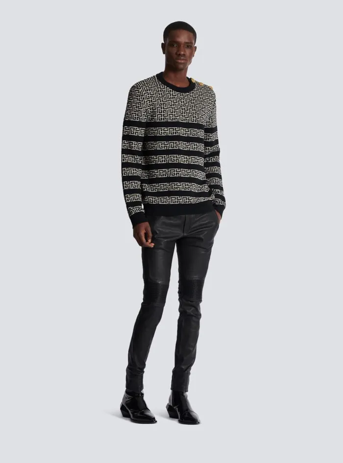 Balmain Knitwear Men Striped PB Labyrinth Wool And Linen Jumper Black