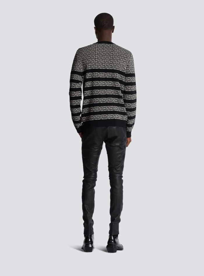 Balmain Knitwear Men Striped PB Labyrinth Wool And Linen Jumper Black