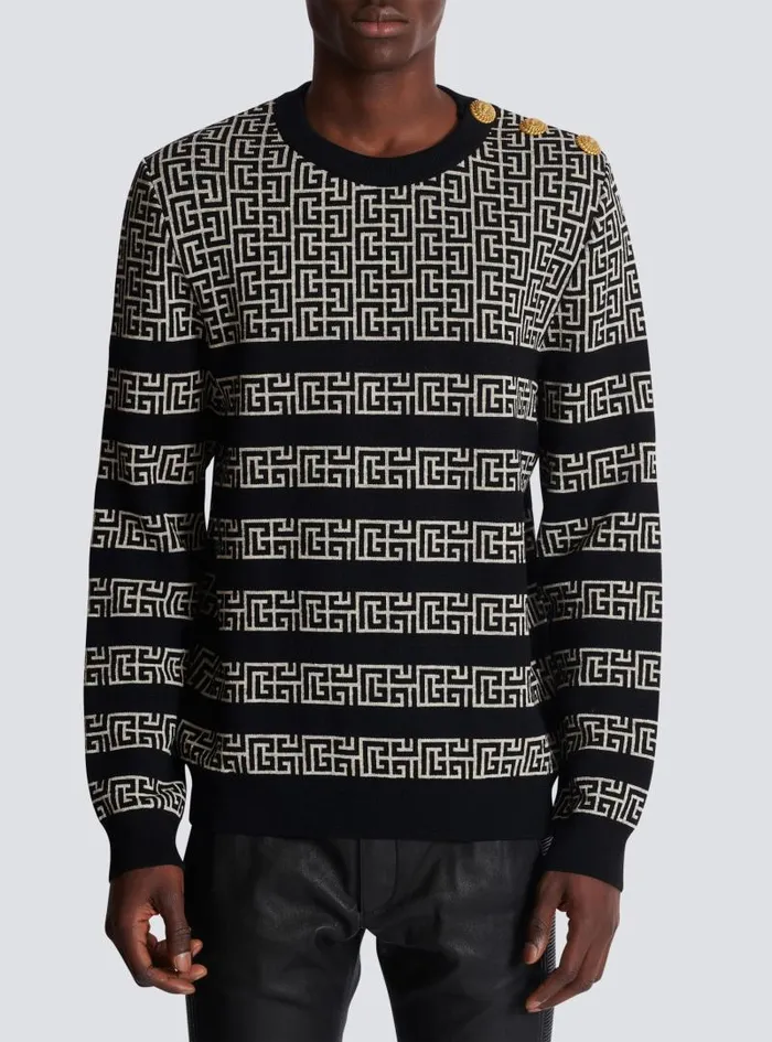Balmain Knitwear Men Striped PB Labyrinth Wool And Linen Jumper Black