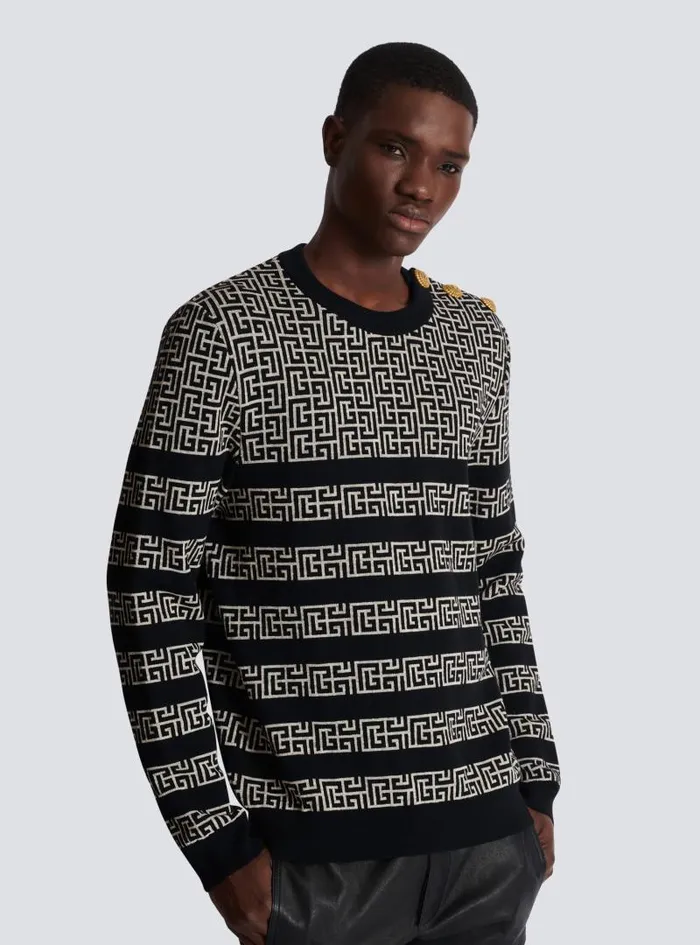 Balmain Knitwear Men Striped PB Labyrinth Wool And Linen Jumper Black