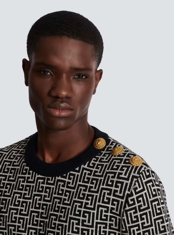 Balmain Knitwear Men Striped PB Labyrinth Wool And Linen Jumper Black