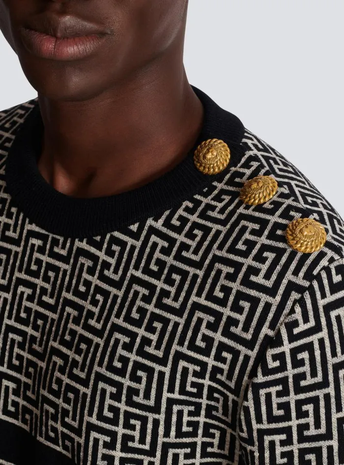 Balmain Knitwear Men Striped PB Labyrinth Wool And Linen Jumper Black