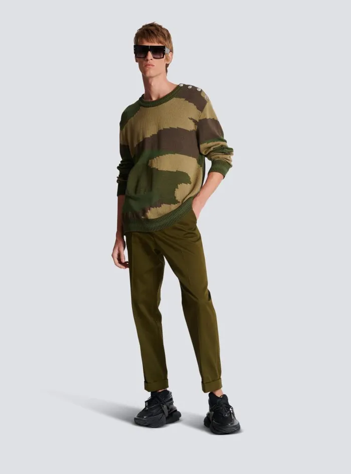 Balmain Knitwear Men Wool Camouflage Jumper Khaki