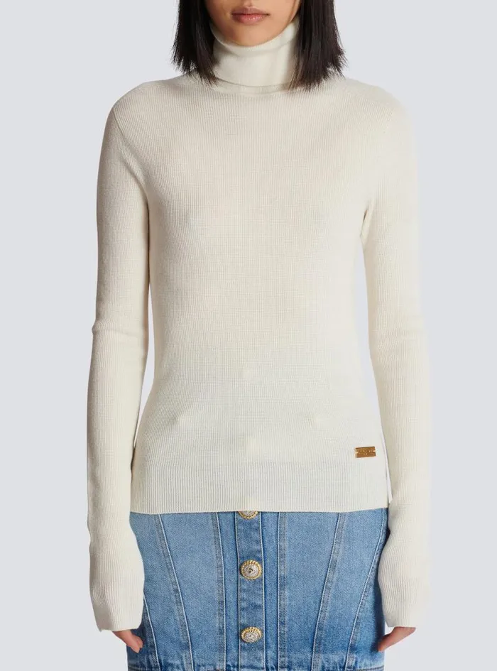 Balmain Knitwear Women Knitted Turtleneck Jumper Beige