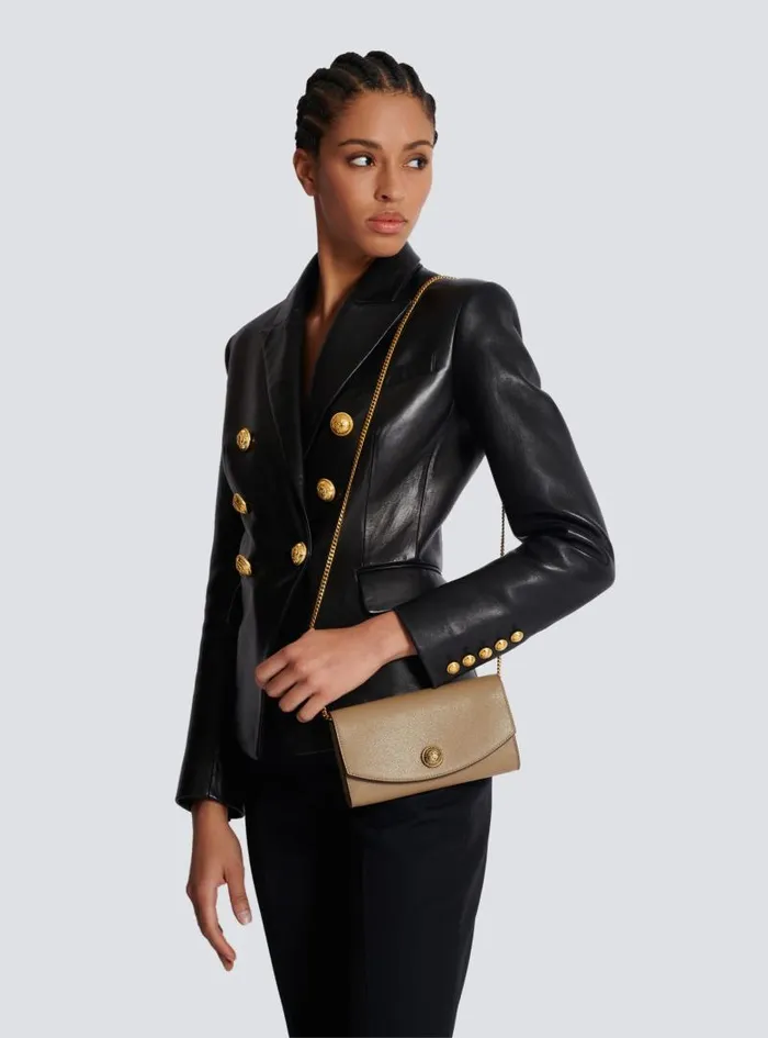 Balmain Mini Bags Women Emblme Grained Calfskin Clutch Brown