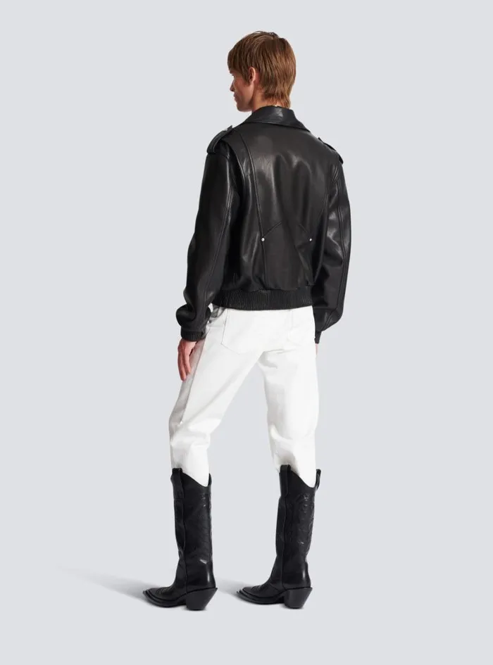 Balmain Outerwear Men Leather Bomber Jacket Black