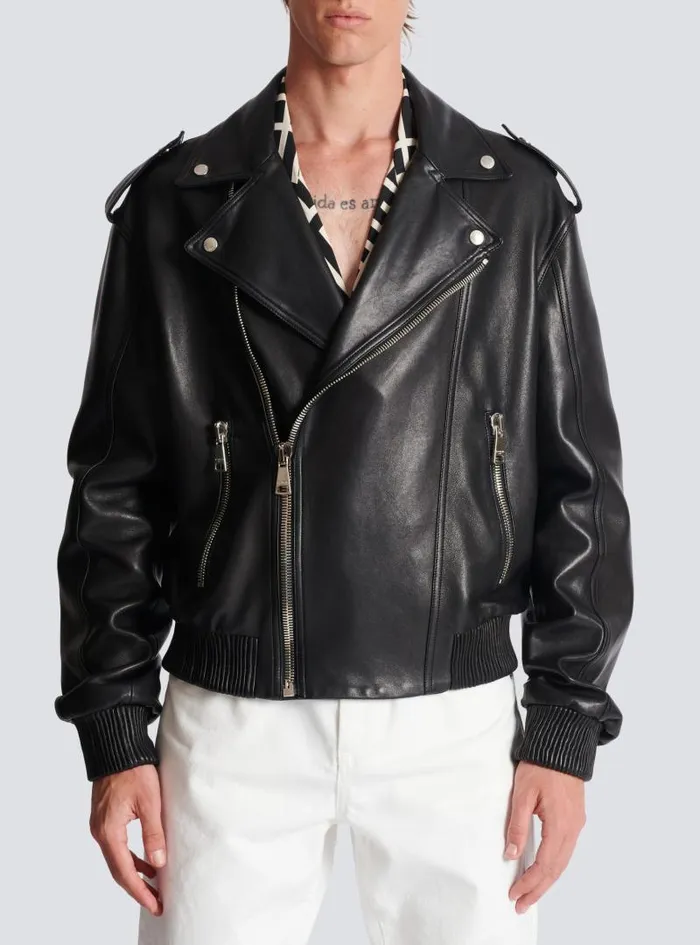 Balmain Outerwear Men Leather Bomber Jacket Black