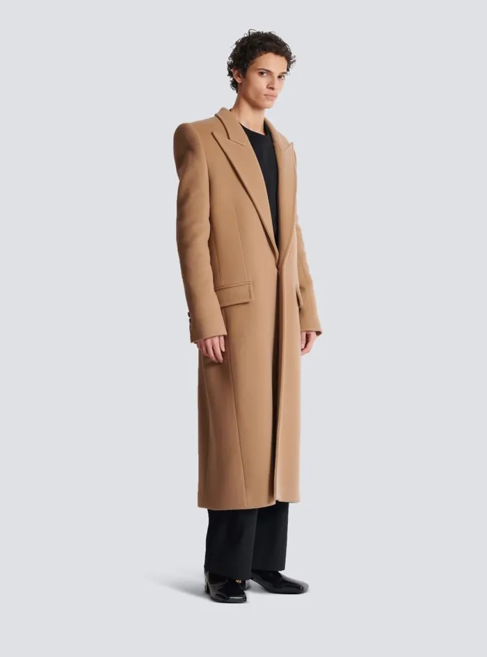 Balmain Outerwear Men Long Wool And Cashmere Coat Brown