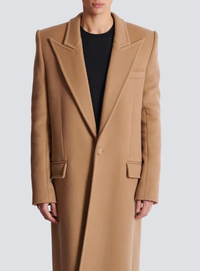 Balmain Outerwear Men Long Wool And Cashmere Coat Brown
