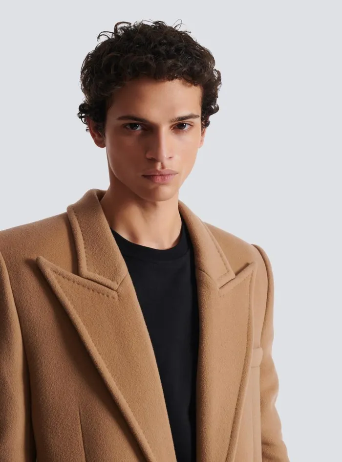 Balmain Outerwear Men Long Wool And Cashmere Coat Brown