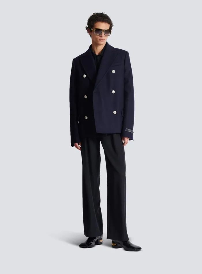 Balmain Outerwear Men Short Felted Wool Coat Navy