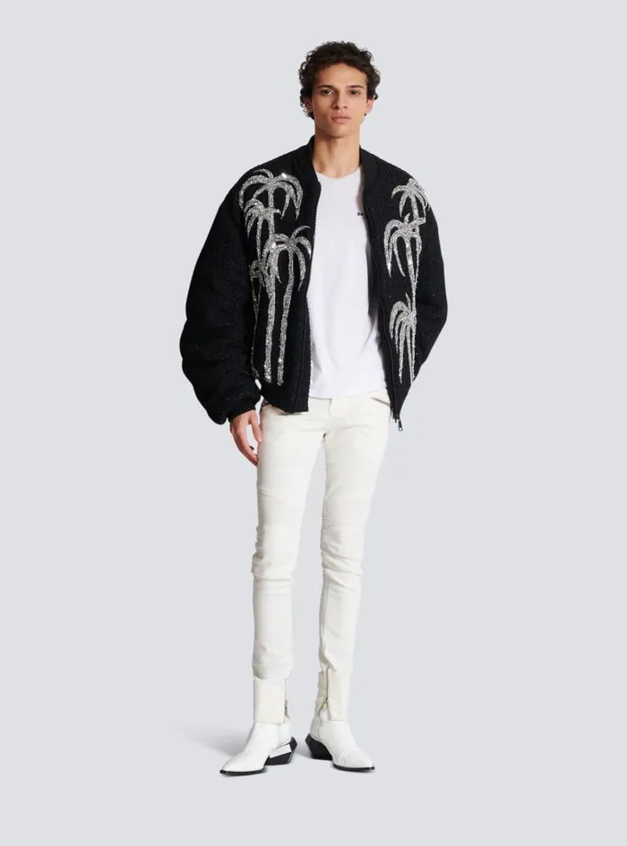 Balmain Outerwear Men Tweed Bomber Jacket With Palm Tree Embroidery Black