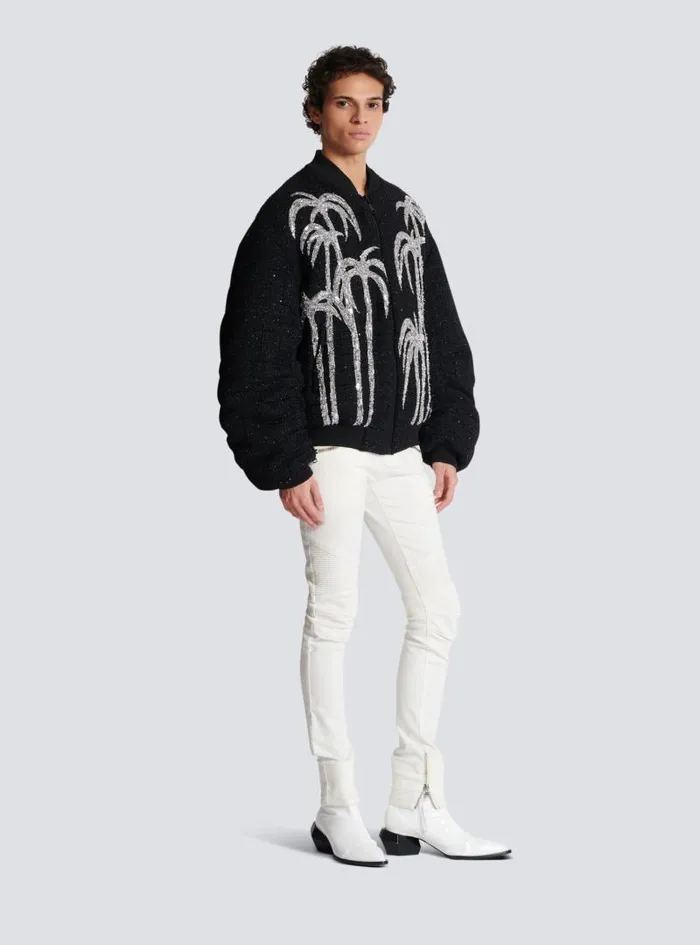 Balmain Outerwear Men Tweed Bomber Jacket With Palm Tree Embroidery Black