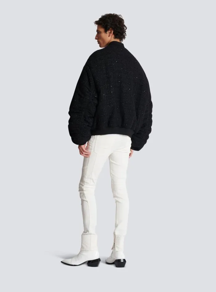 Balmain Outerwear Men Tweed Bomber Jacket With Palm Tree Embroidery Black