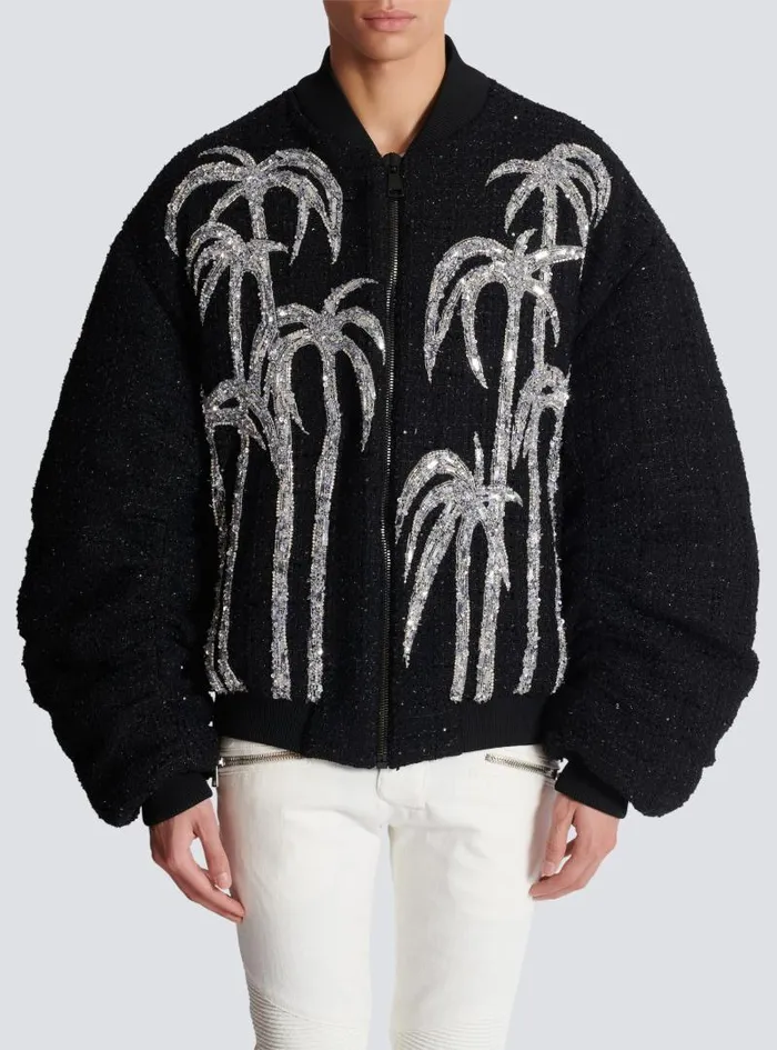 Balmain Outerwear Men Tweed Bomber Jacket With Palm Tree Embroidery Black