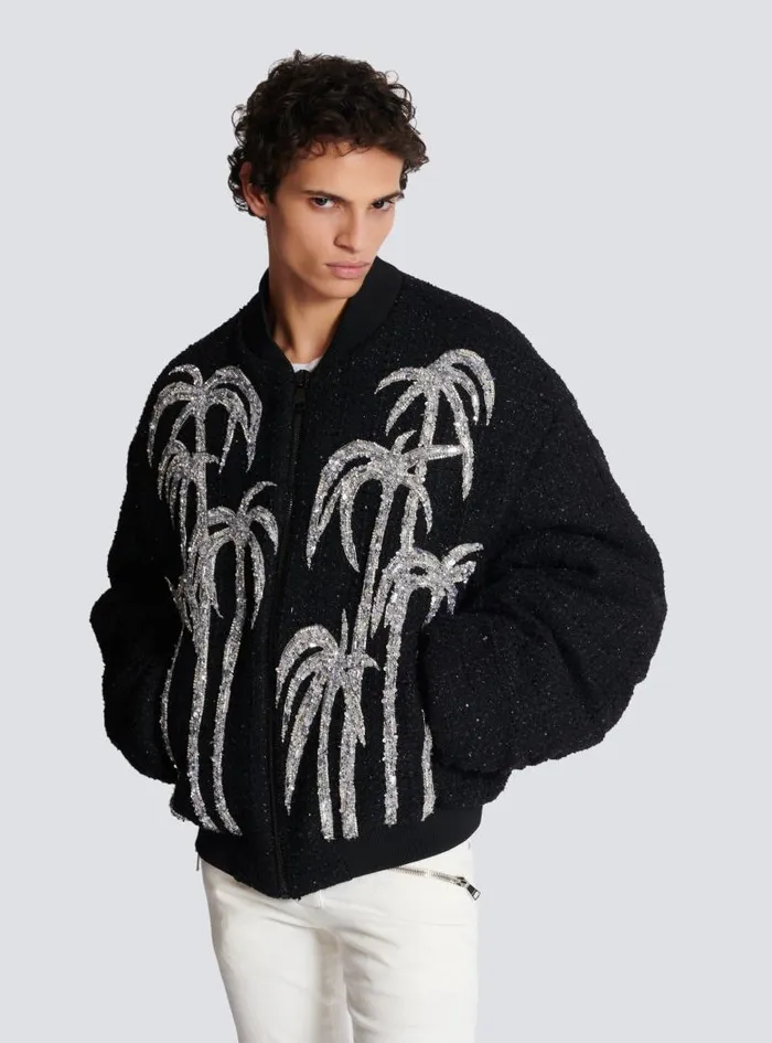 Balmain Outerwear Men Tweed Bomber Jacket With Palm Tree Embroidery Black
