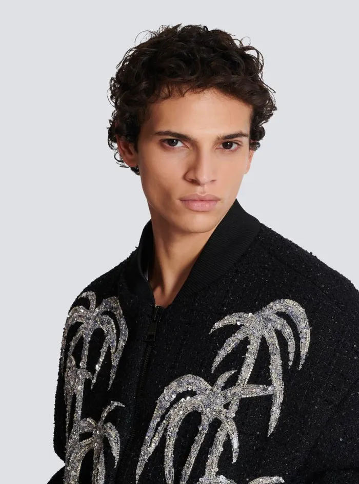 Balmain Outerwear Men Tweed Bomber Jacket With Palm Tree Embroidery Black