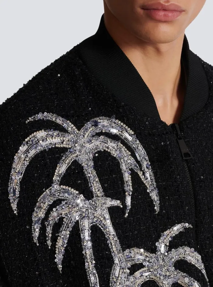 Balmain Outerwear Men Tweed Bomber Jacket With Palm Tree Embroidery Black