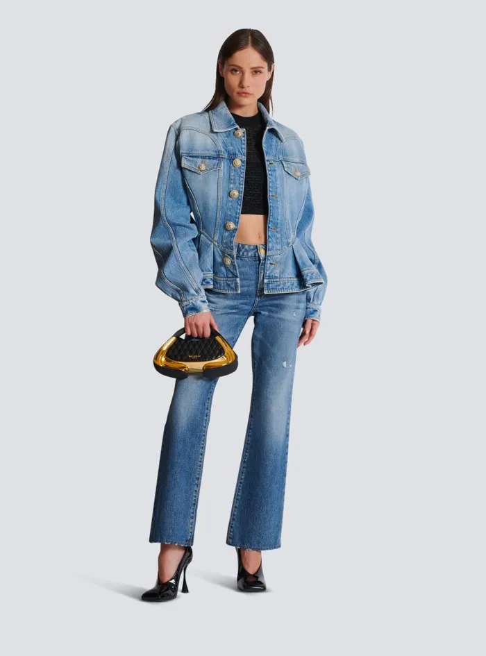 Balmain Outerwear Women Pleated Denim Jacket Blue
