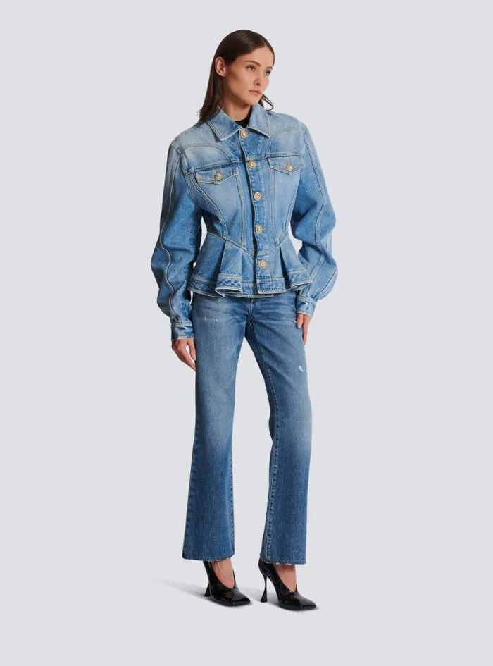 Balmain Outerwear Women Pleated Denim Jacket Blue