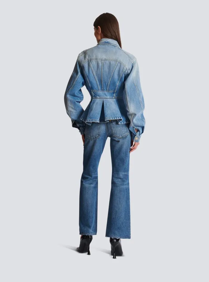 Balmain Outerwear Women Pleated Denim Jacket Blue