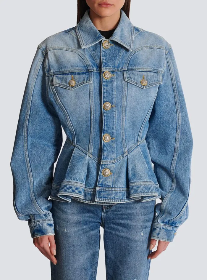 Balmain Outerwear Women Pleated Denim Jacket Blue