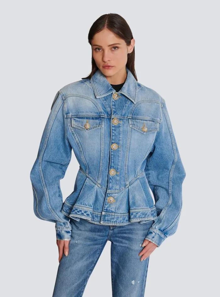 Balmain Outerwear Women Pleated Denim Jacket Blue