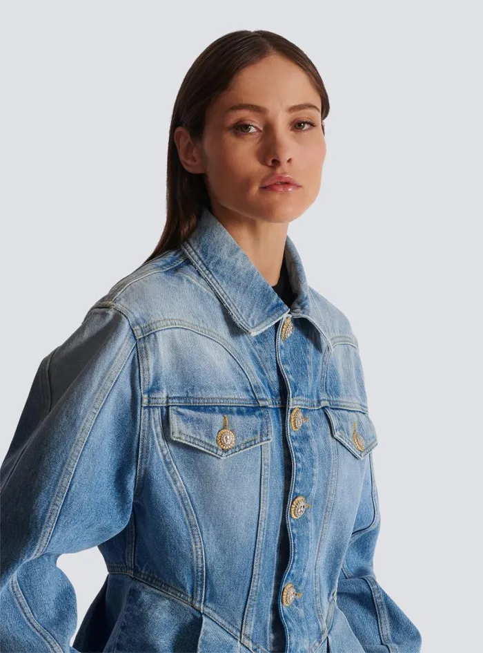 Balmain Outerwear Women Pleated Denim Jacket Blue