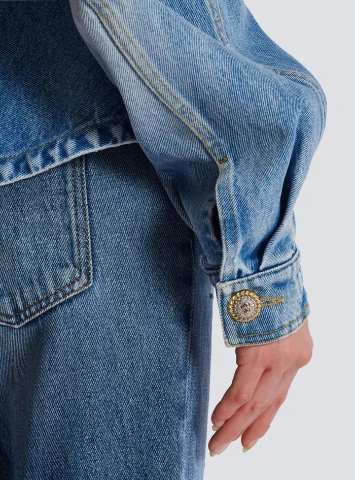 Balmain Outerwear Women Pleated Denim Jacket Blue