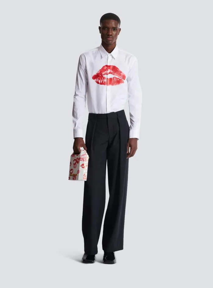 Balmain Shirts And Polos Men Poplin Shirt With Kiss Print White