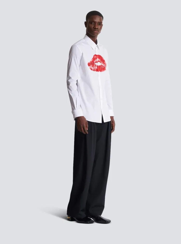 Balmain Shirts And Polos Men Poplin Shirt With Kiss Print White