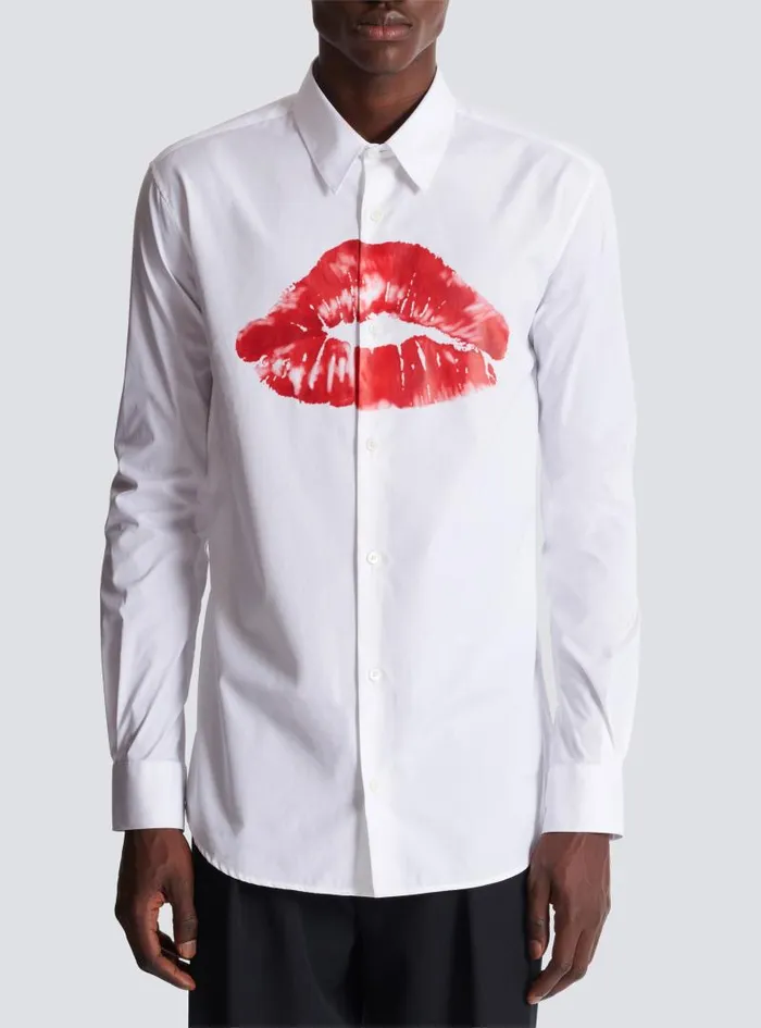 Balmain Shirts And Polos Men Poplin Shirt With Kiss Print White