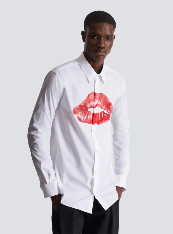 Balmain Shirts And Polos Men Poplin Shirt With Kiss Print White