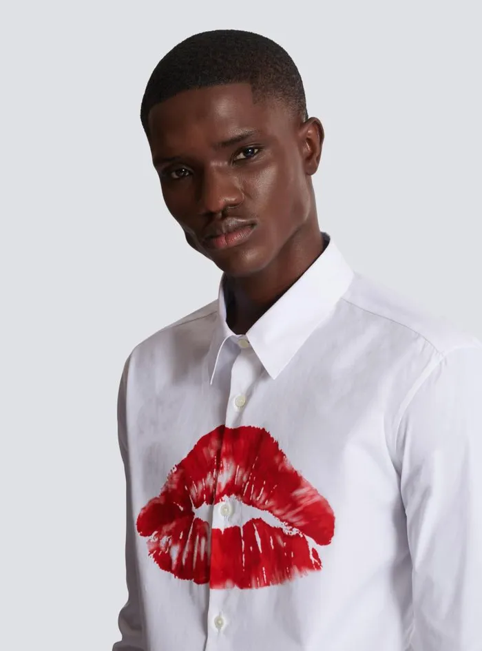 Balmain Shirts And Polos Men Poplin Shirt With Kiss Print White