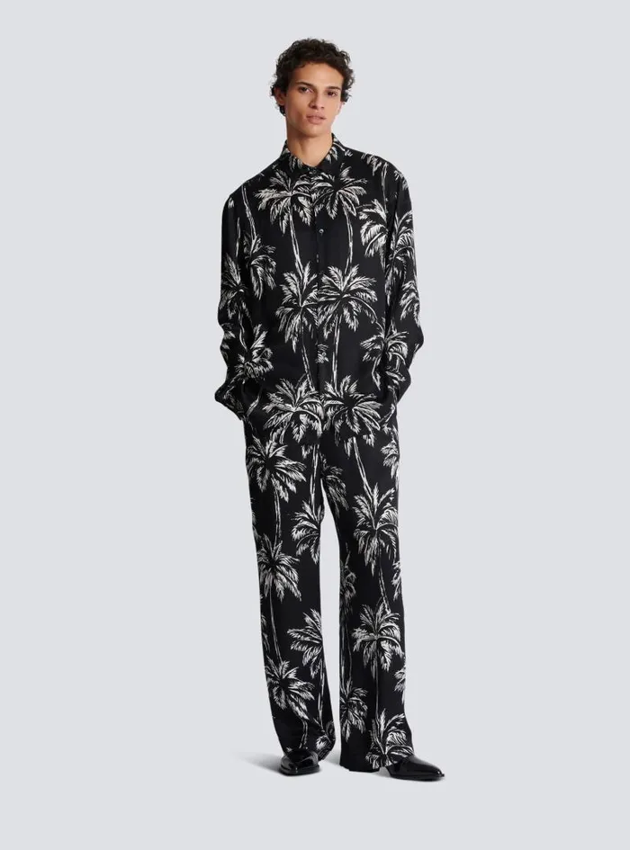 Balmain Shirts And Polos Men Printed Satin Palm Tree Shirt Black