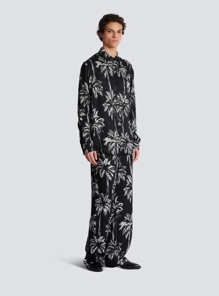 Balmain Shirts And Polos Men Printed Satin Palm Tree Shirt Black