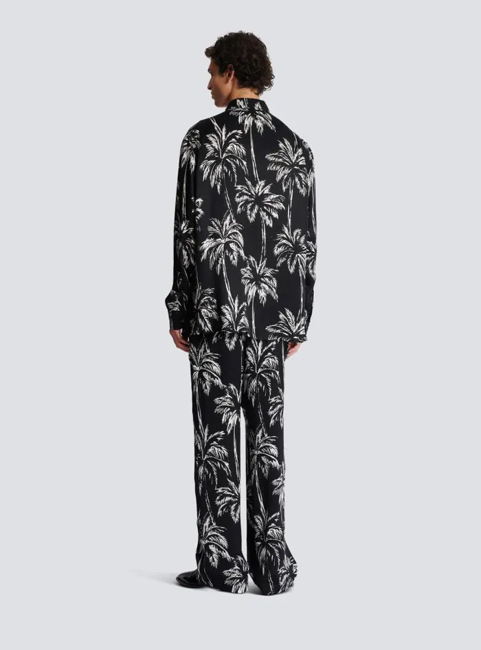 Balmain Shirts And Polos Men Printed Satin Palm Tree Shirt Black