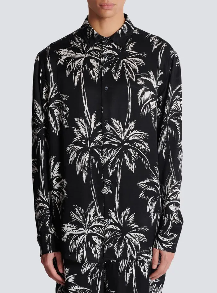 Balmain Shirts And Polos Men Printed Satin Palm Tree Shirt Black