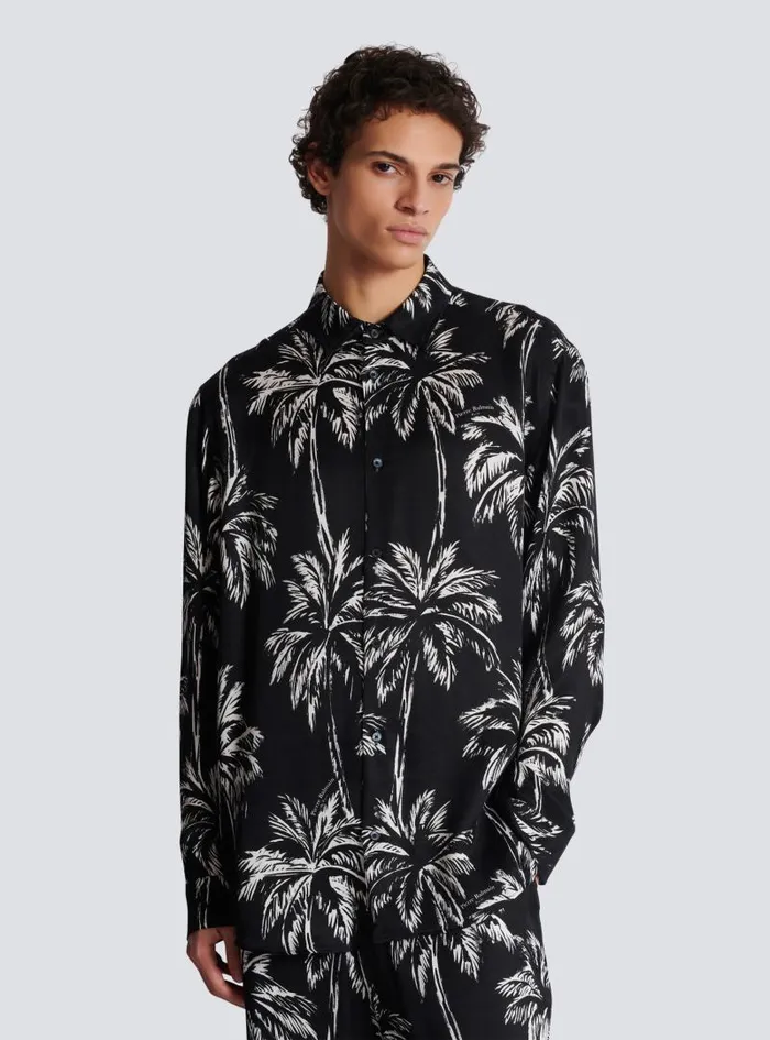 Balmain Shirts And Polos Men Printed Satin Palm Tree Shirt Black