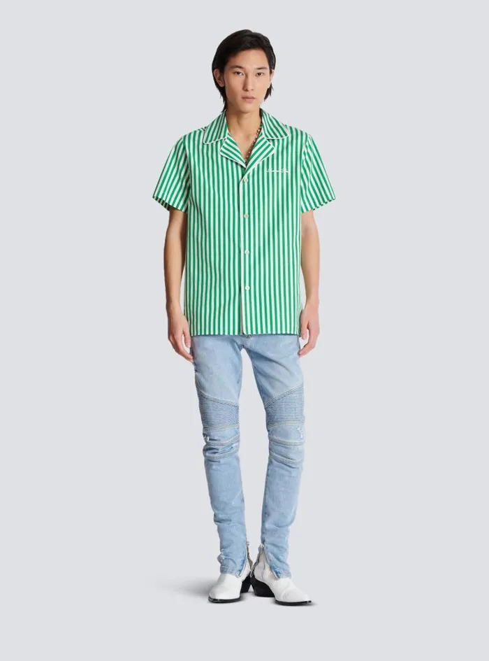 Balmain Shirts And Polos Men Shortsleeved Striped Cotton Pyjama Shirt Green Balmain Shirts And Polos Men Shortsleeved Striped Cotton Pyjama Shirt Green