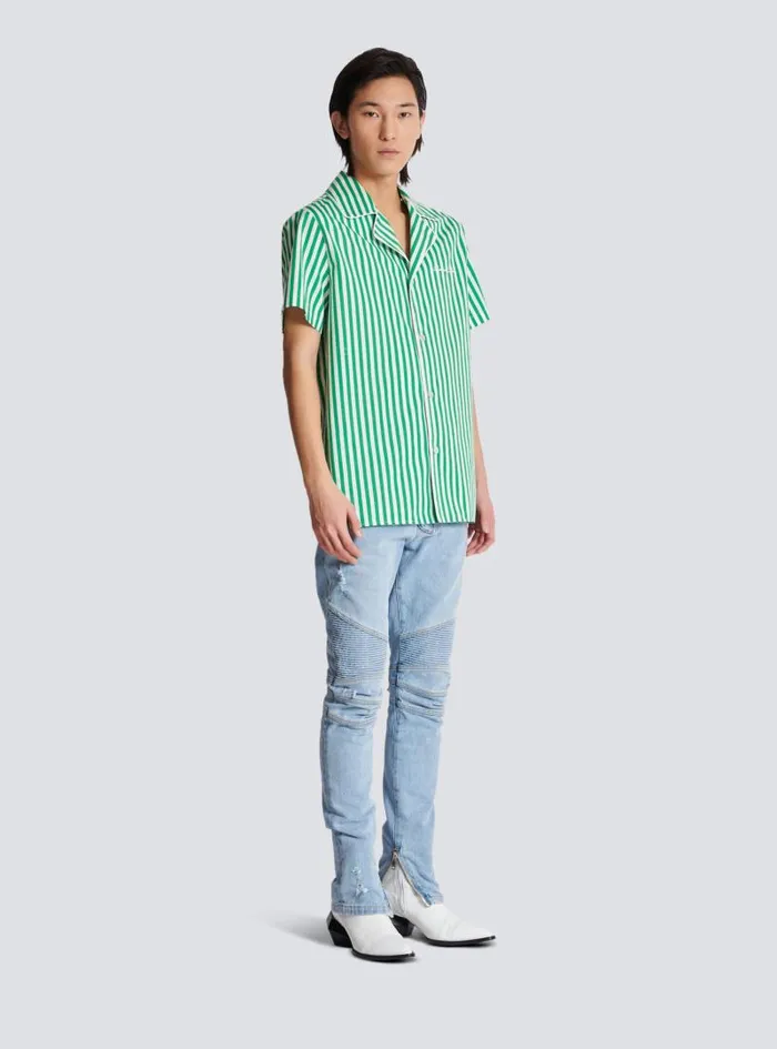 Balmain Shirts And Polos Men Shortsleeved Striped Cotton Pyjama Shirt Green