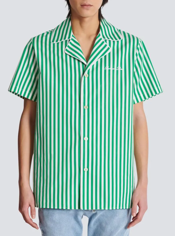 Balmain Shirts And Polos Men Shortsleeved Striped Cotton Pyjama Shirt Green