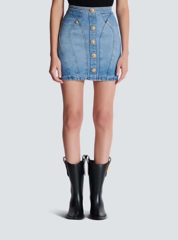 Balmain Skirts Women Buttoned Denim Skirt Blue