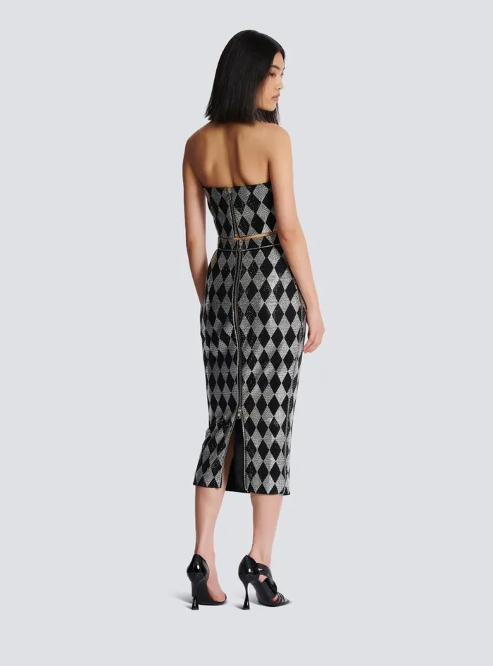 Balmain Skirts Women Diamond Rhinestone Midi Skirt Black