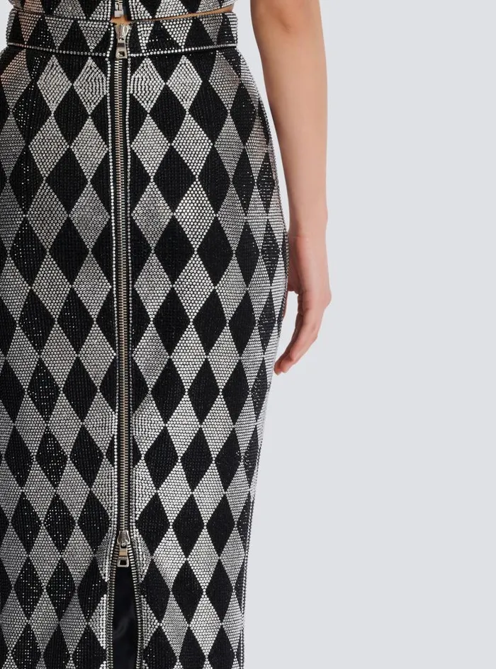 Balmain Skirts Women Diamond Rhinestone Midi Skirt Black