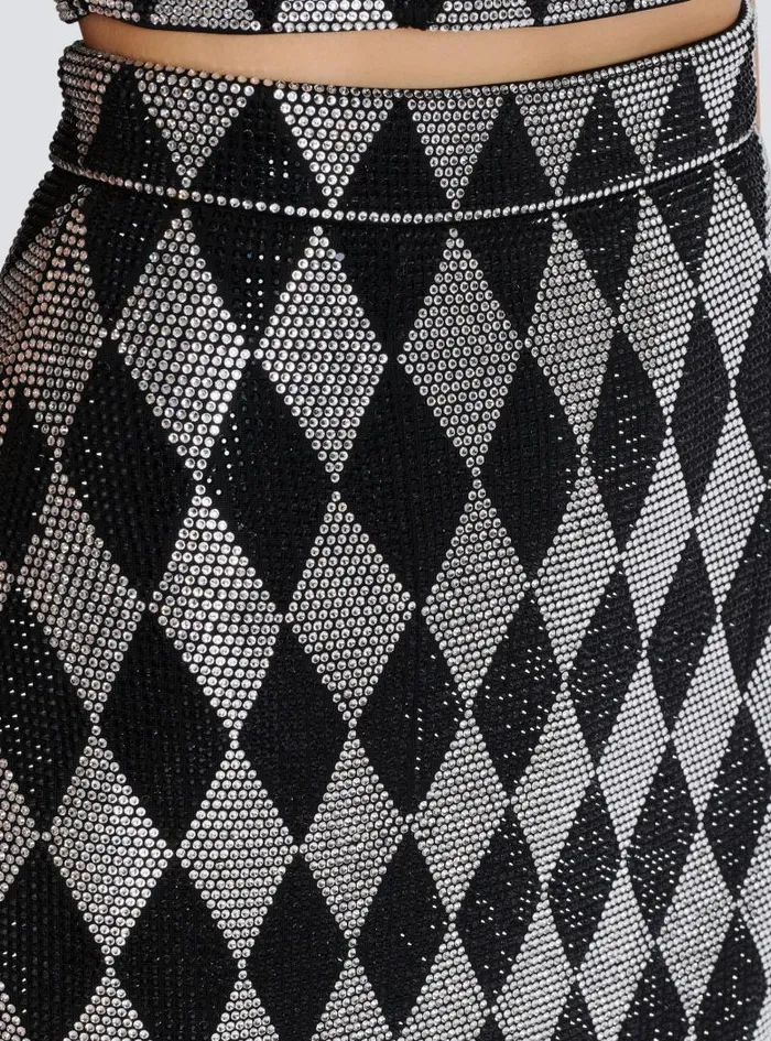 Balmain Skirts Women Diamond Rhinestone Midi Skirt Black