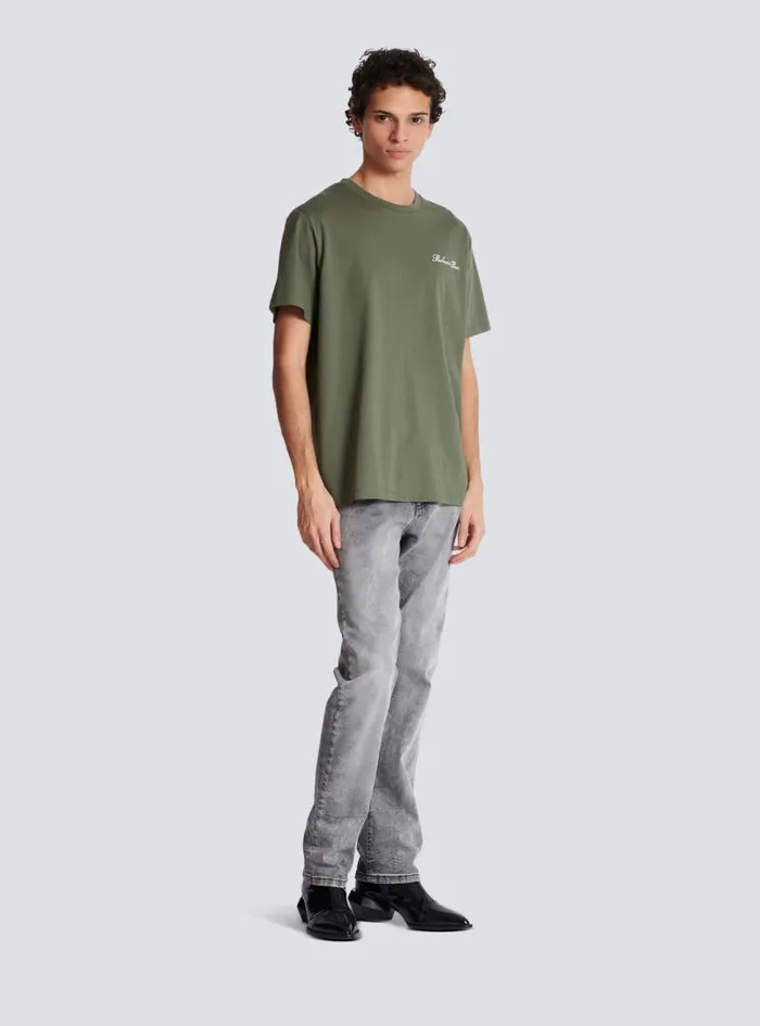 Balmain Sportswear Men Loose Tshirt With Signature Embroidery Khaki