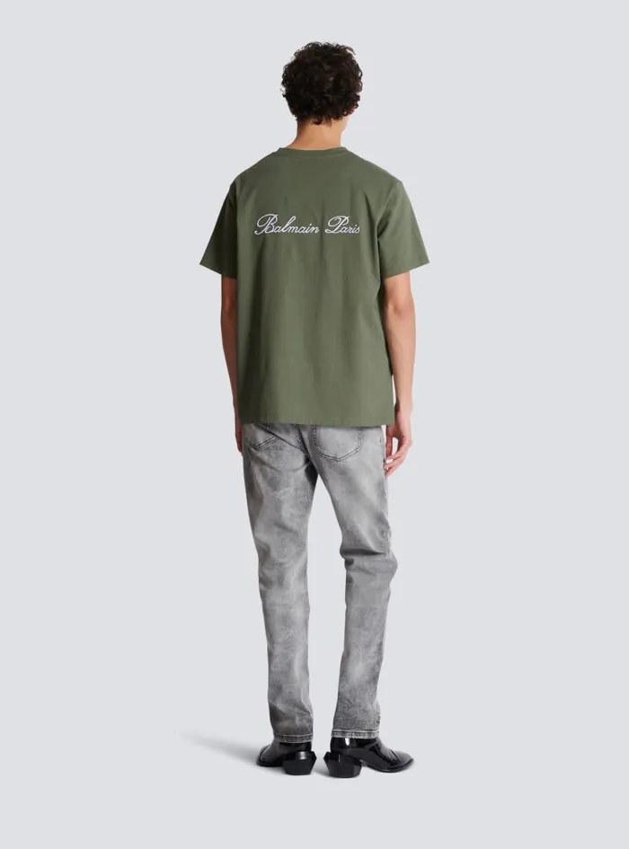 Balmain Sportswear Men Loose Tshirt With Signature Embroidery Khaki